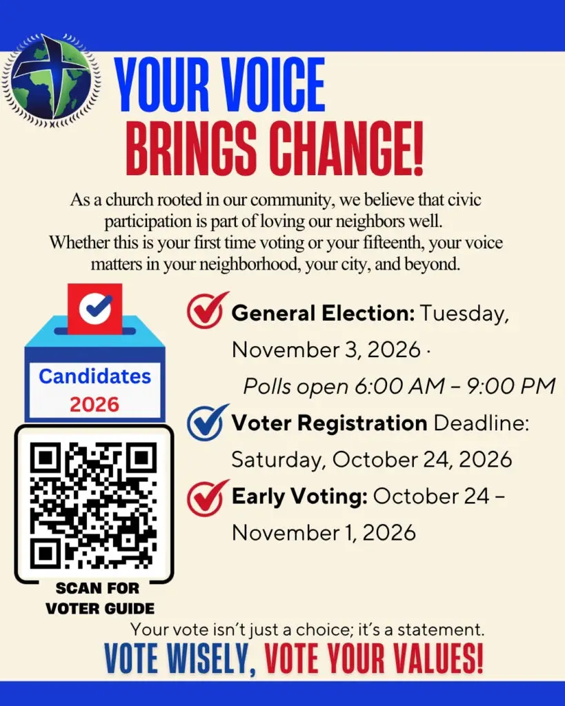 Your Voice Brings Change! 2026 General Election flyer from Beraca Baptist Church with a QR code to the voter guide